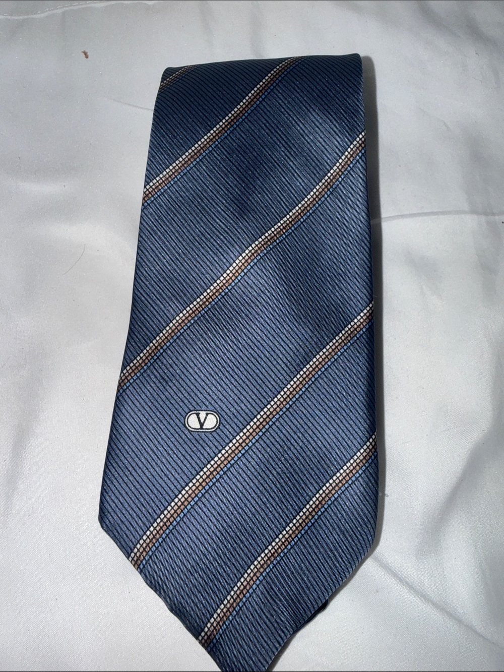 Valentino Navy Blue Stripe Silk Tie with Tan & White Accents